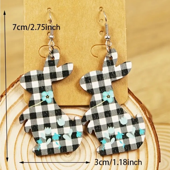 Black & White Plaid Blue Flowers Bunny Earrings - Picture 2 of 2